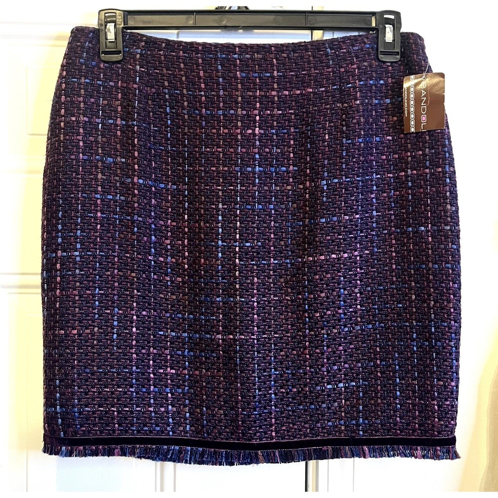 VTG Y2K Dark Academia Bandolino Sz 10 Purple Tweed Skirt Velvet Trim Fringe NWT